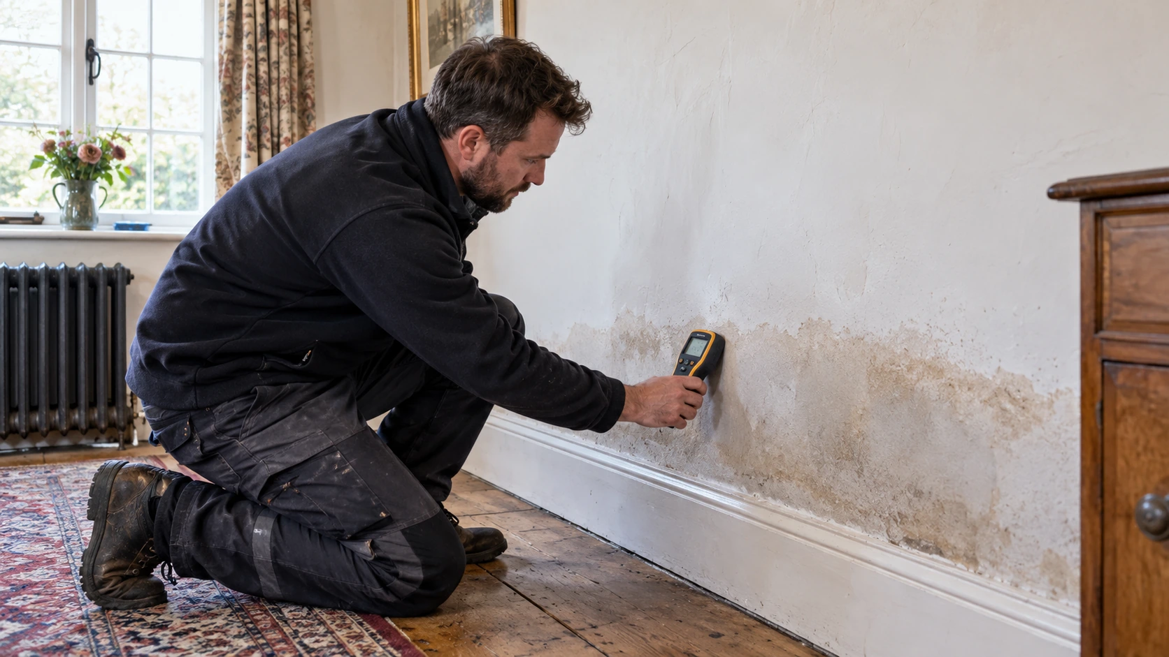 Damp specialist presses a moisture meter against the lower part of an interior plaster wall with a distinct moisture tide mark near the skirting. Kneeling natural posture, historic British home, before-treatment assessment clearly shown.