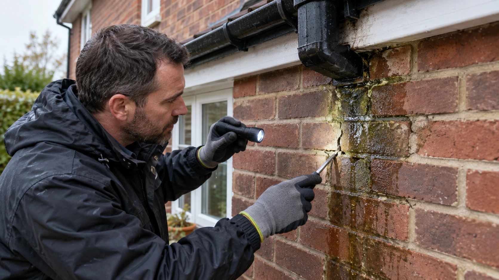 Damp specialist examines cracked external mortar below a leaking gutter junction on a British brick wall, torch and pointing tool, visible rain staining makes penetrating-water route clear, safe accessible low level.