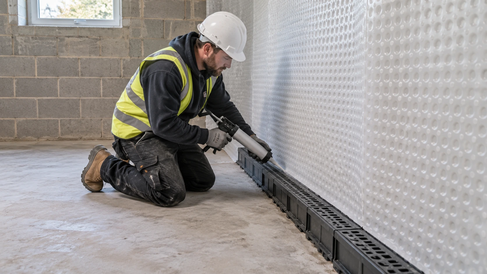 Waterproofing worker seals the joint between white studded cavity-drain membrane on a basement wall and a perimeter drainage channel at floor level. Clean unfinished below-ground masonry room, clear designed water-management system.