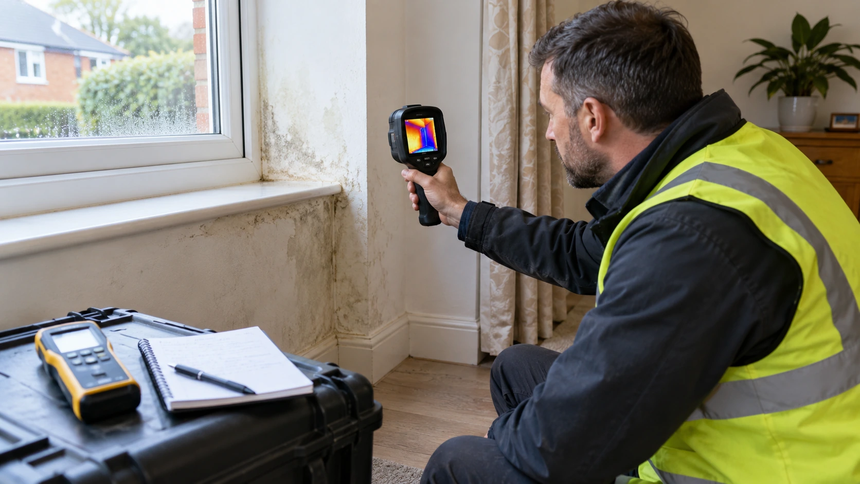 Building surveyor examines moisture patterns around a cold interior window with a handheld thermal camera and moisture meter on a nearby case. Subtle damp staining on plaster and notebook with unreadable marks, purposeful inspection.