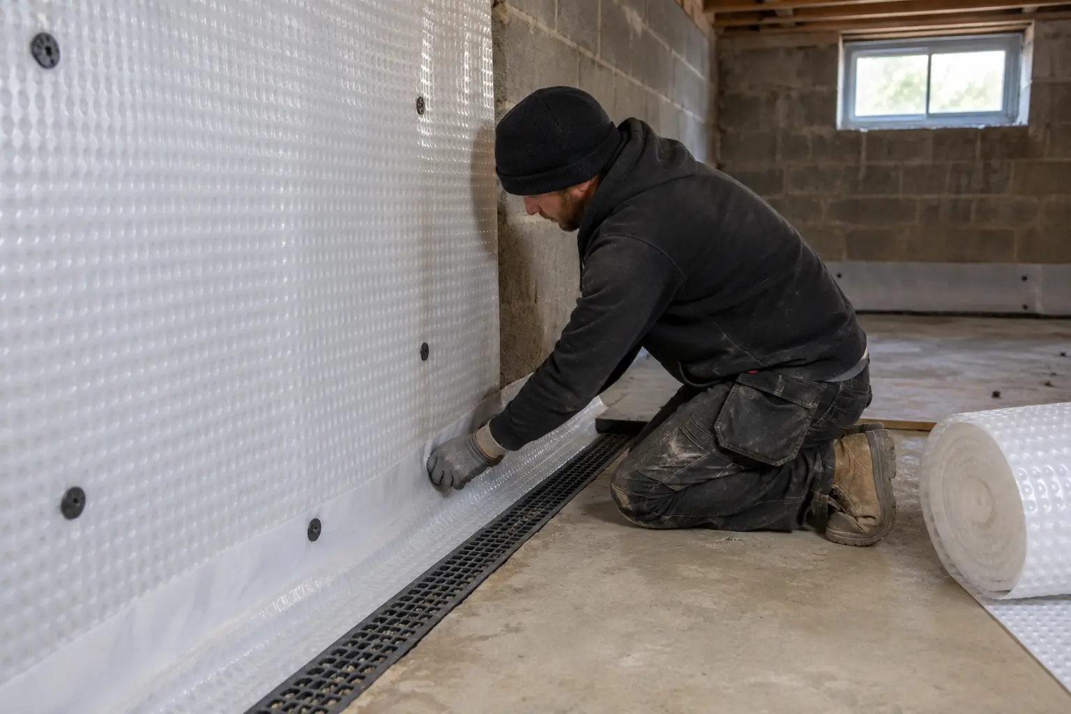 Basement waterproofing — Specialist fitting white studded waterproof cavity-drain membrane to the inside wall of an unfinished basement, carefully sealing the wall-floor junction over a visible perimeter drainage channel. Below-ground masonry room, gloves, detailed membrane texture and realistic fixings.