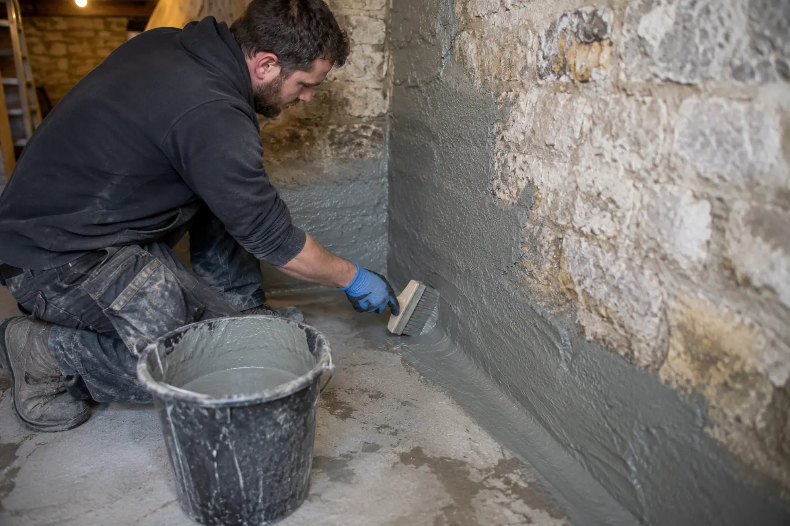 Cellar tanking — Waterproofing worker using a broad masonry brush to apply grey cementitious tanking slurry to a cellar wall and its floor junction. Half-coated rough masonry shows the treatment clearly, gloves, bucket without writing, safe practical basement lighting.