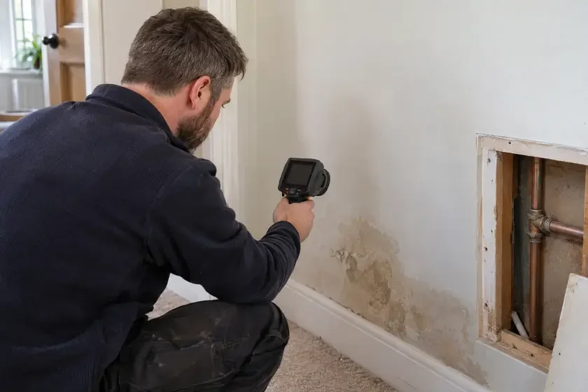 Technician scanning a visibly damp wall with a handheld instrument