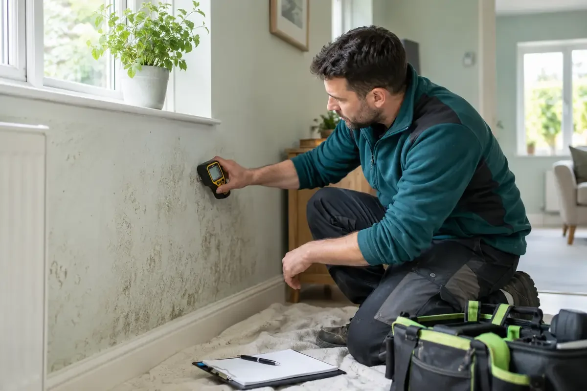 Damp specialist holding a moisture meter against a stained interior wall