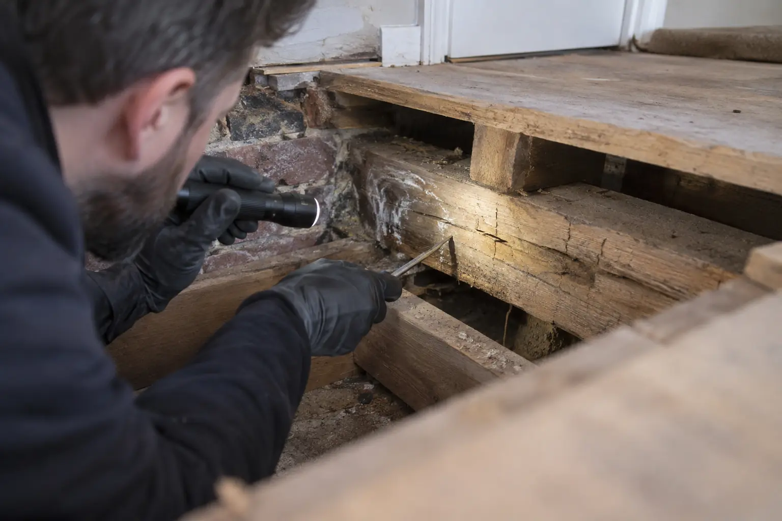 Dry rot treatment — Specialist in gloves examining an exposed timber joist with cuboidal cracking and a small patch of white fungal strands at a masonry junction beneath lifted floorboards. Inspection probe and torch make suspected fungal timber-decay assessment clear, realistic restrained damage.