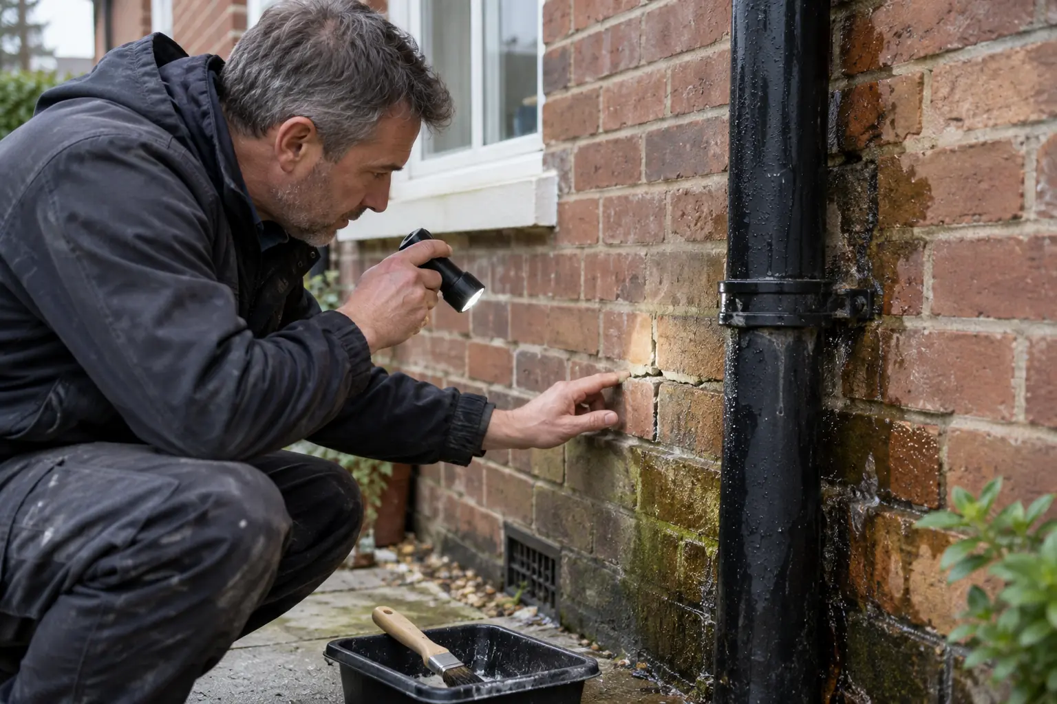 External wall waterproofing — Building specialist examining a rain-stained exterior brick wall beside a leaking downpipe and cracked mortar, with a torch and a small unlabelled treatment brush and tray nearby. Clear external water-entry assessment and local waterproofing preparation, UK house.