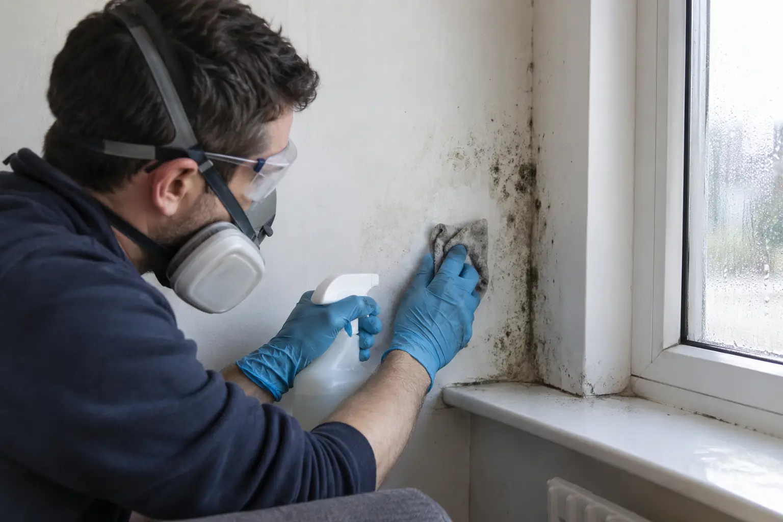 Mould removal treatment — Worker in gloves, protective goggles and respirator carefully wipes a small patch of black mould from an interior wall corner beside a condensation-prone window. Unlabelled cleaning bottle and used cloth, clearly visible localised mould and cleaned patch, no exaggerated infestation.