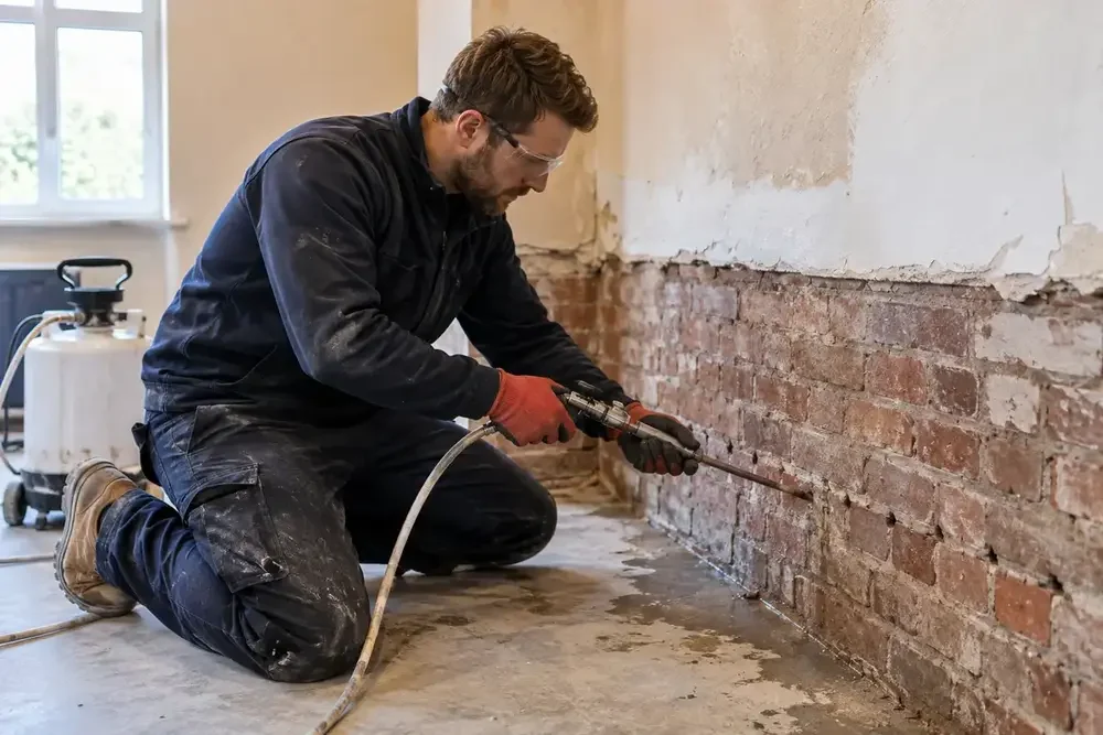 Damp technician drilling a horizontal line into exposed low-level brickwork