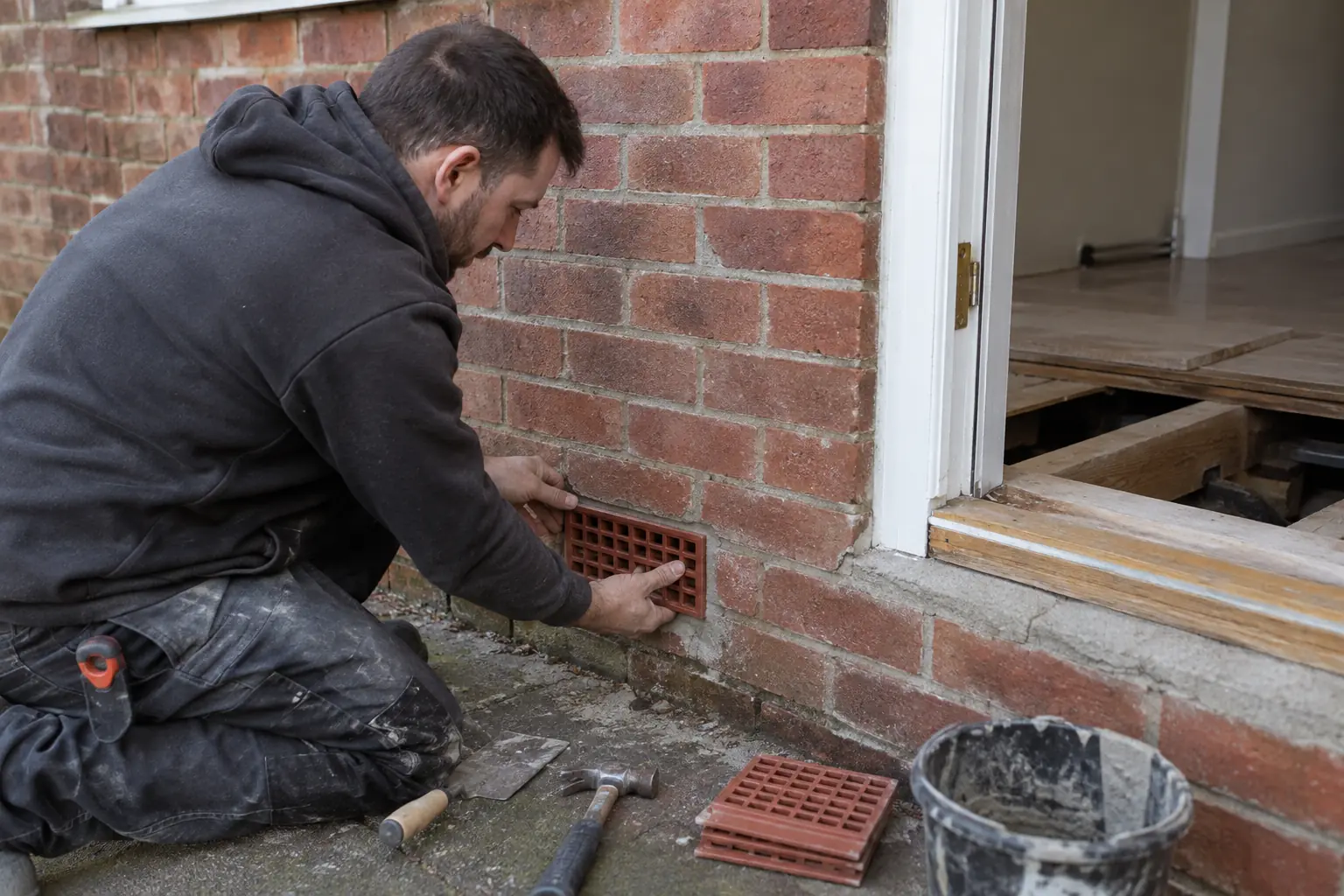 Subfloor ventilation installation — Installer fitting a rectangular airbrick ventilation grille into the lower exterior brick wall of a UK house at suspended-floor level. Nearby lifted internal floorboard visible through an open doorway suggests timber floor void, clear airbrick opening and hand tools.