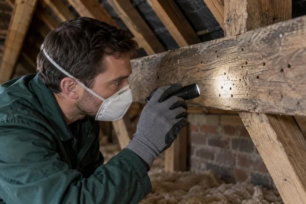 Technician inspecting insect holes in an attic timber beam