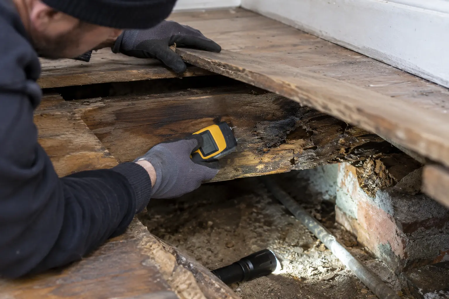 Wet rot treatment — Timber specialist lifting a floorboard and pressing a moisture meter into a dark softened damp timber joist beneath a UK suspended floor. Localised water staining and crumbly damaged wood clearly visible, gloved hand, inspection torch, no fungus spreading across room.